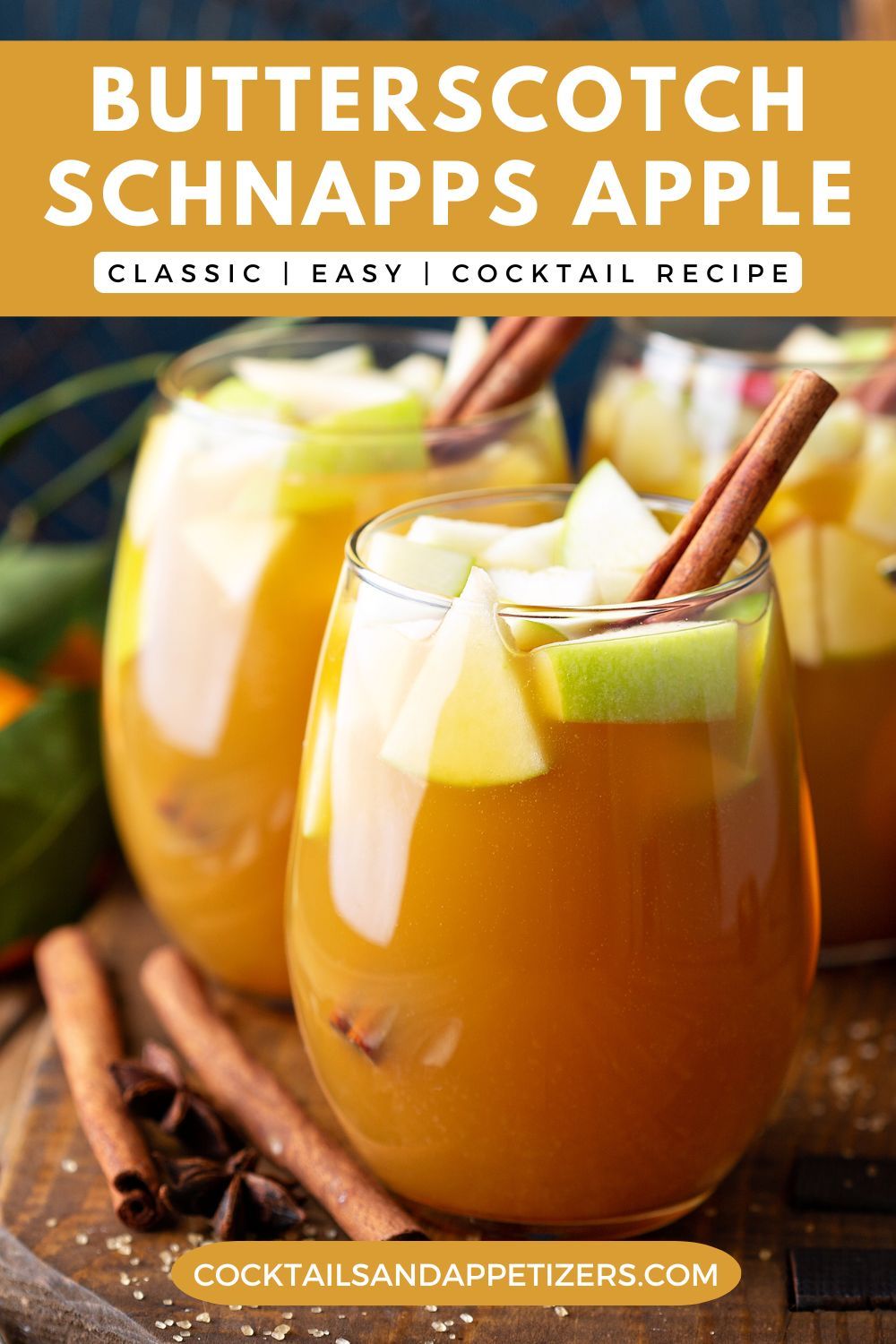 Two Butterscotch apple schnapps drinks in tumblers with fresh apple slices and cinnamon sticks.