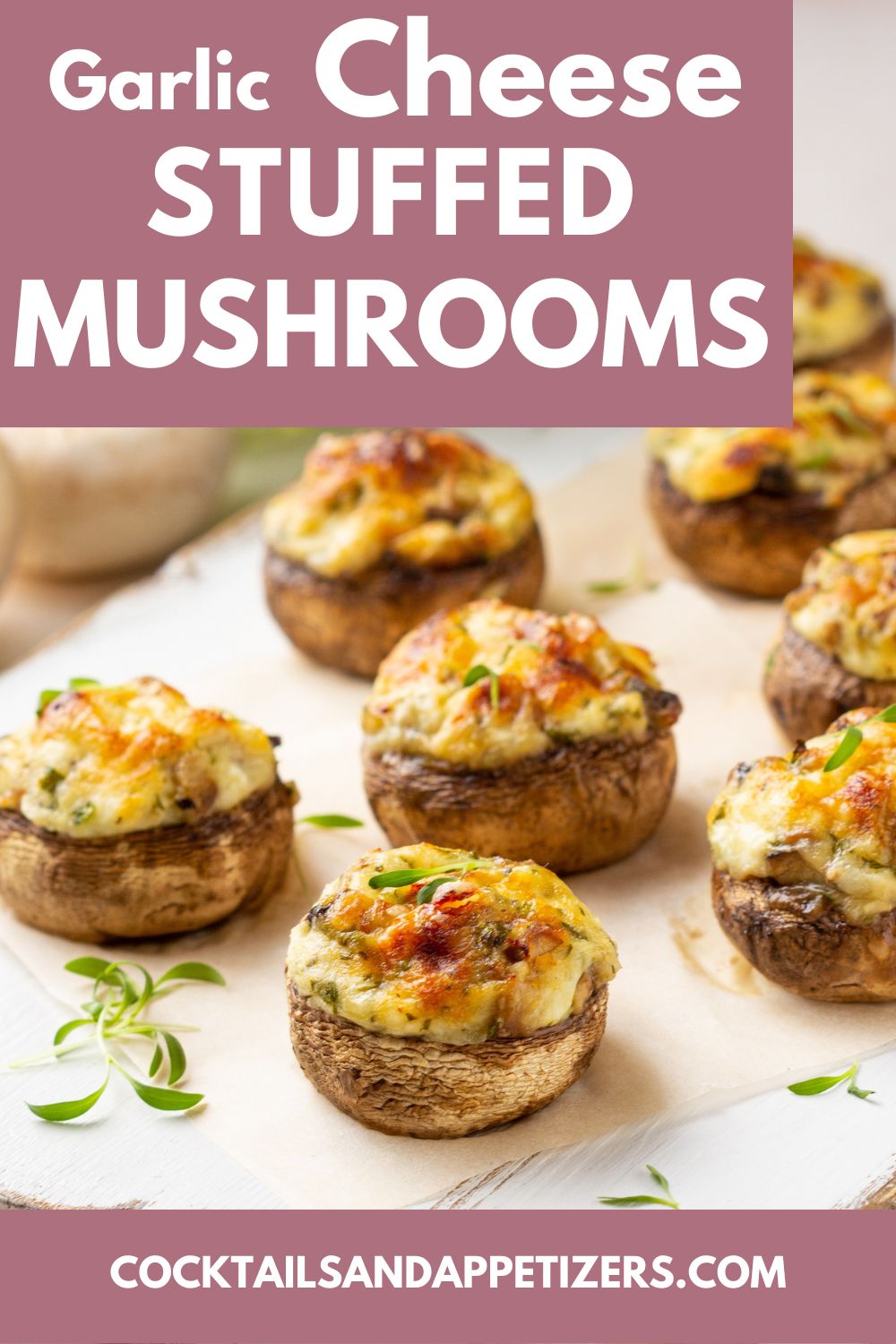 Easy Garlic Cheese Stuffed Mushrooms baked and on a platter