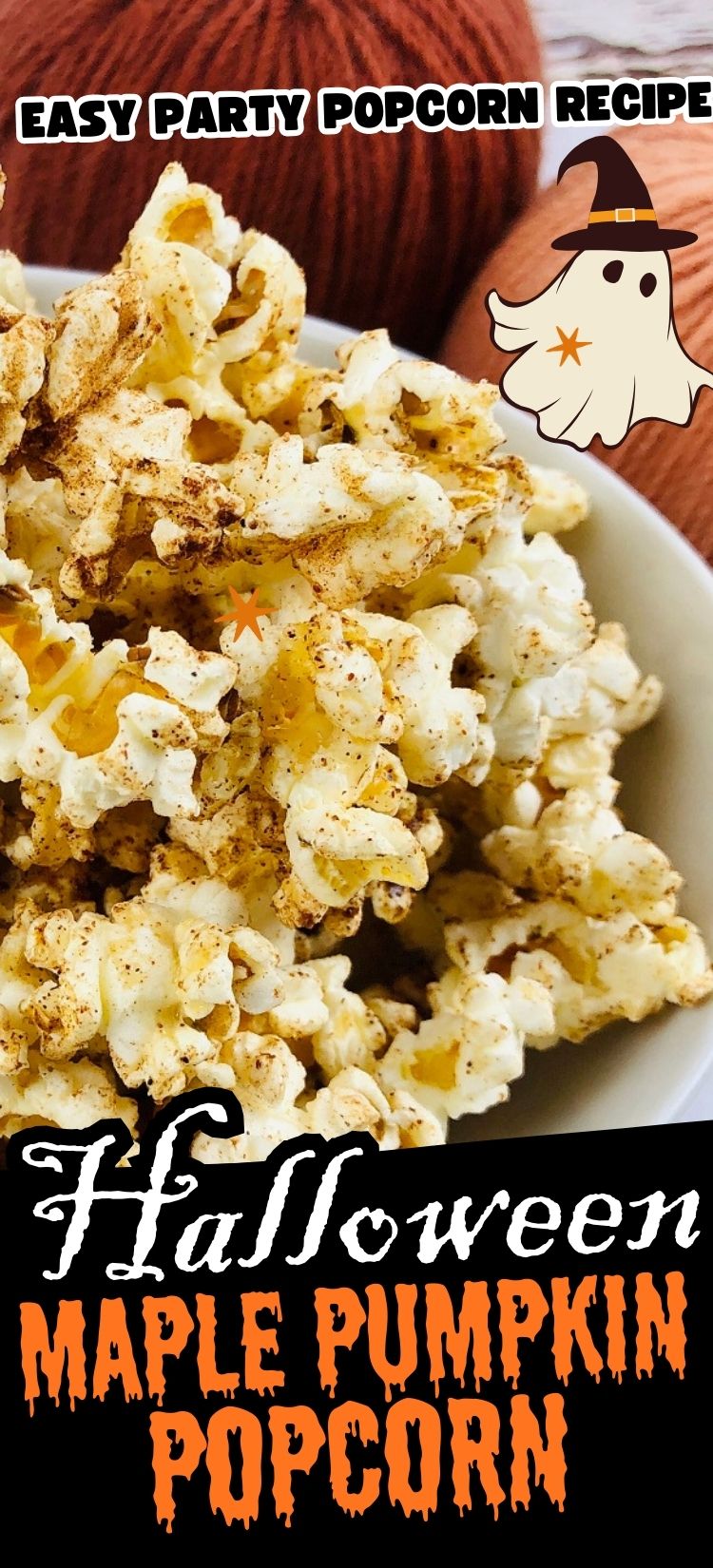 Maple pumpkin spice popcorn in a white bowl sits on a table.