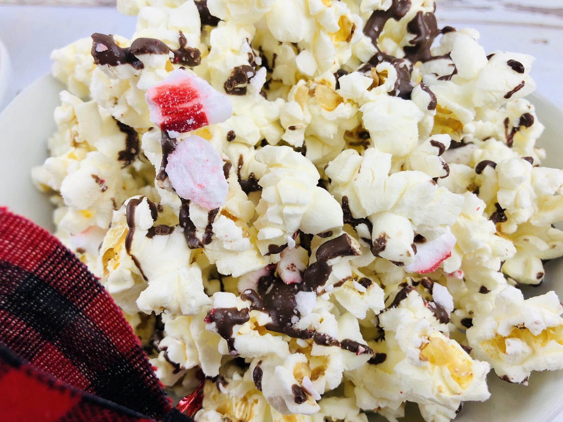 Chocolate Peppermint Popcorn in a serving bowl