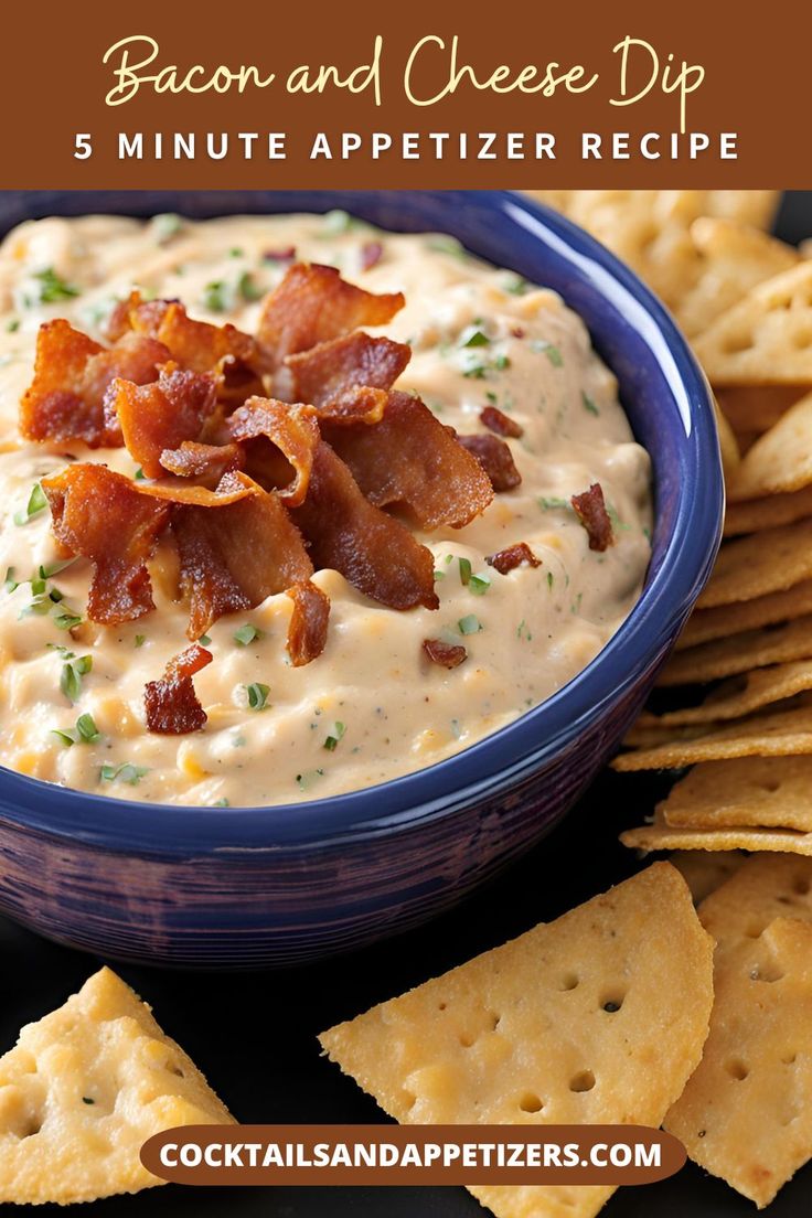 Blue bowl filled with cream cheese ranch dip and lots of crispy bacon bits on top.