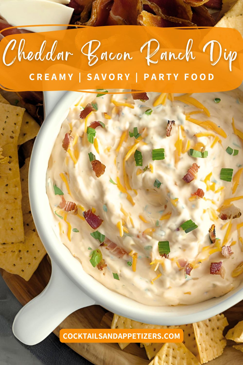Cheese and Bacon dip sit in a white serving bowl, surrounded by crackers.