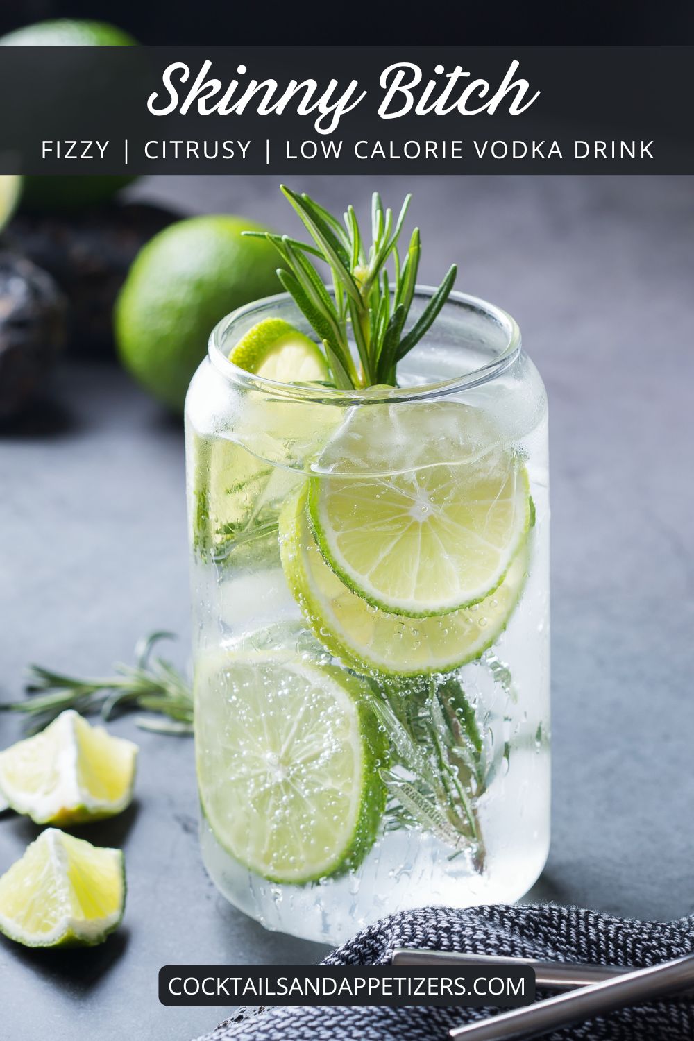 Vodka soda in a tall glass with lime slices and a rosemary garnish.