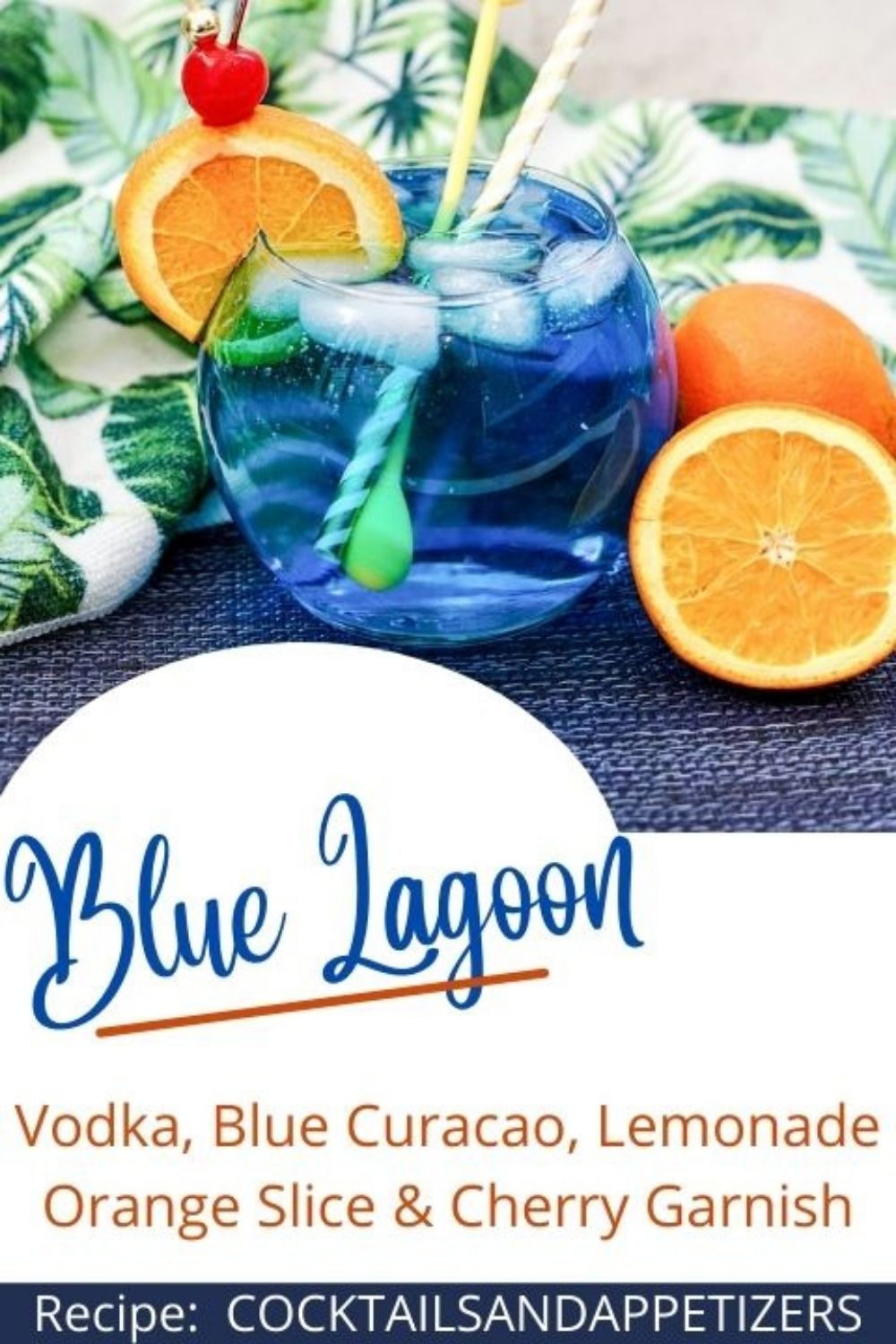 Blue Lagoon cocktail with orange slice for garnish