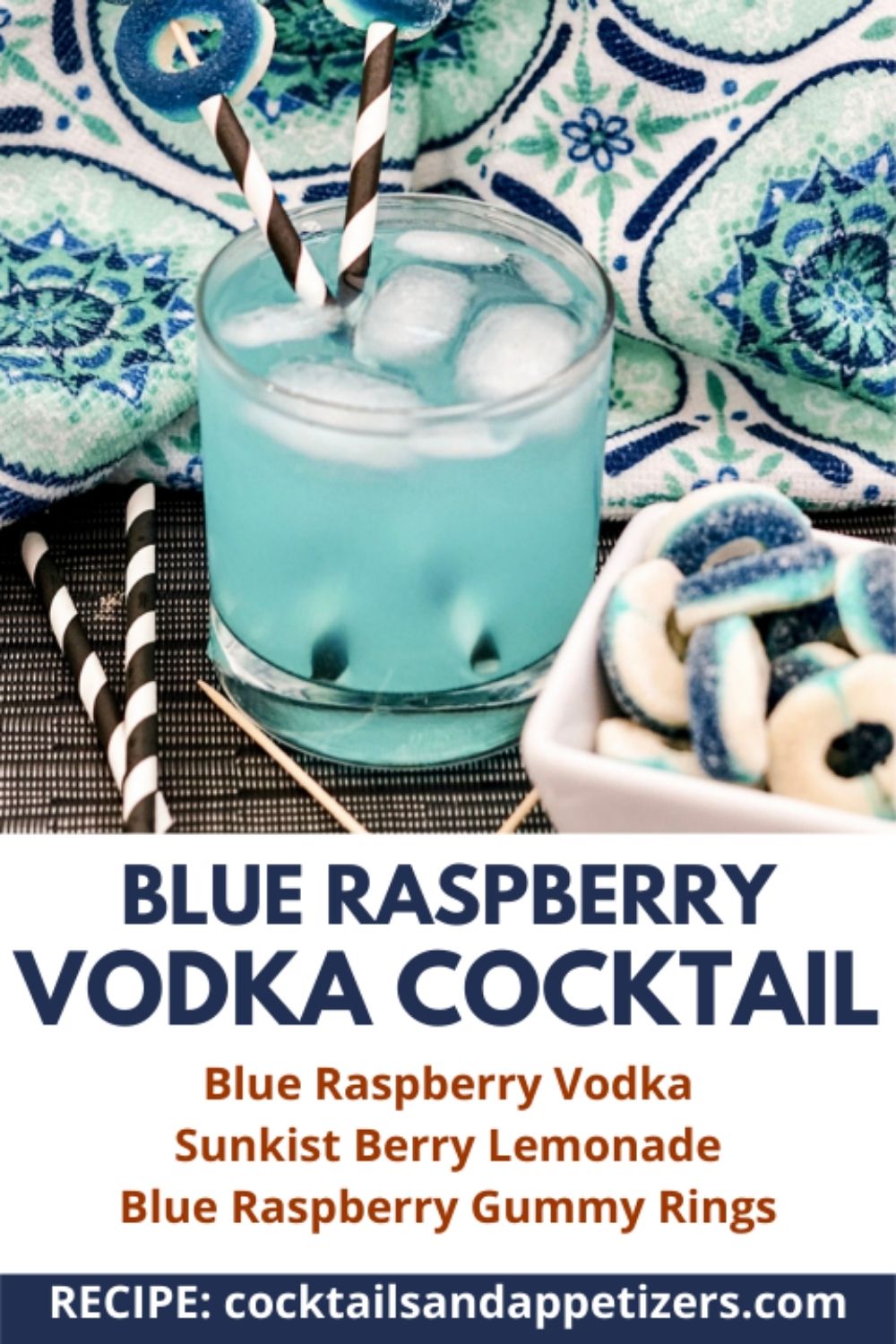 Blue raspberry vodka cocktail on a counter.