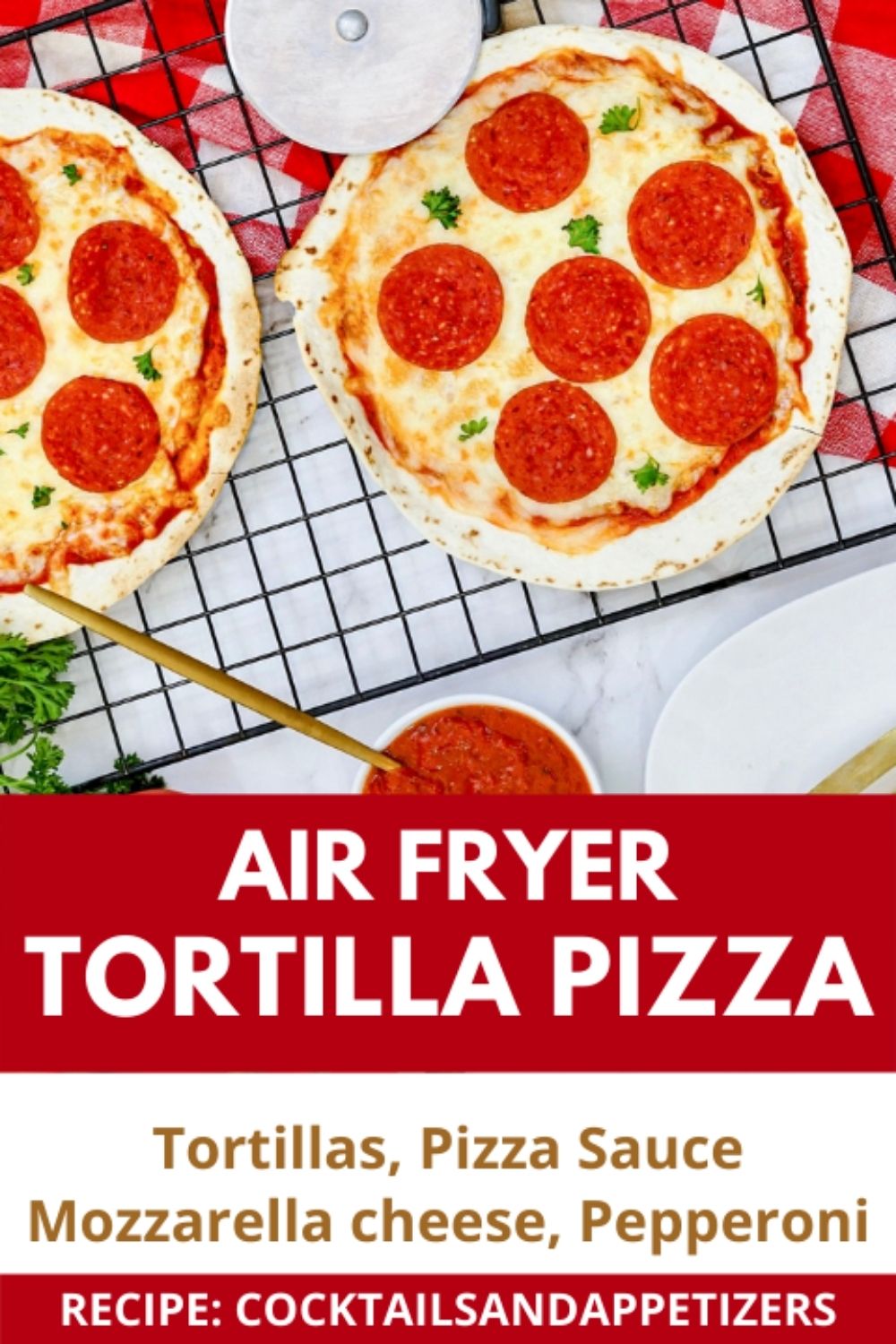 Air Fryer Tortilla Pizza on a cookie rack