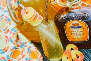 Crown Royal Peach Fizz cocktail with peach rings