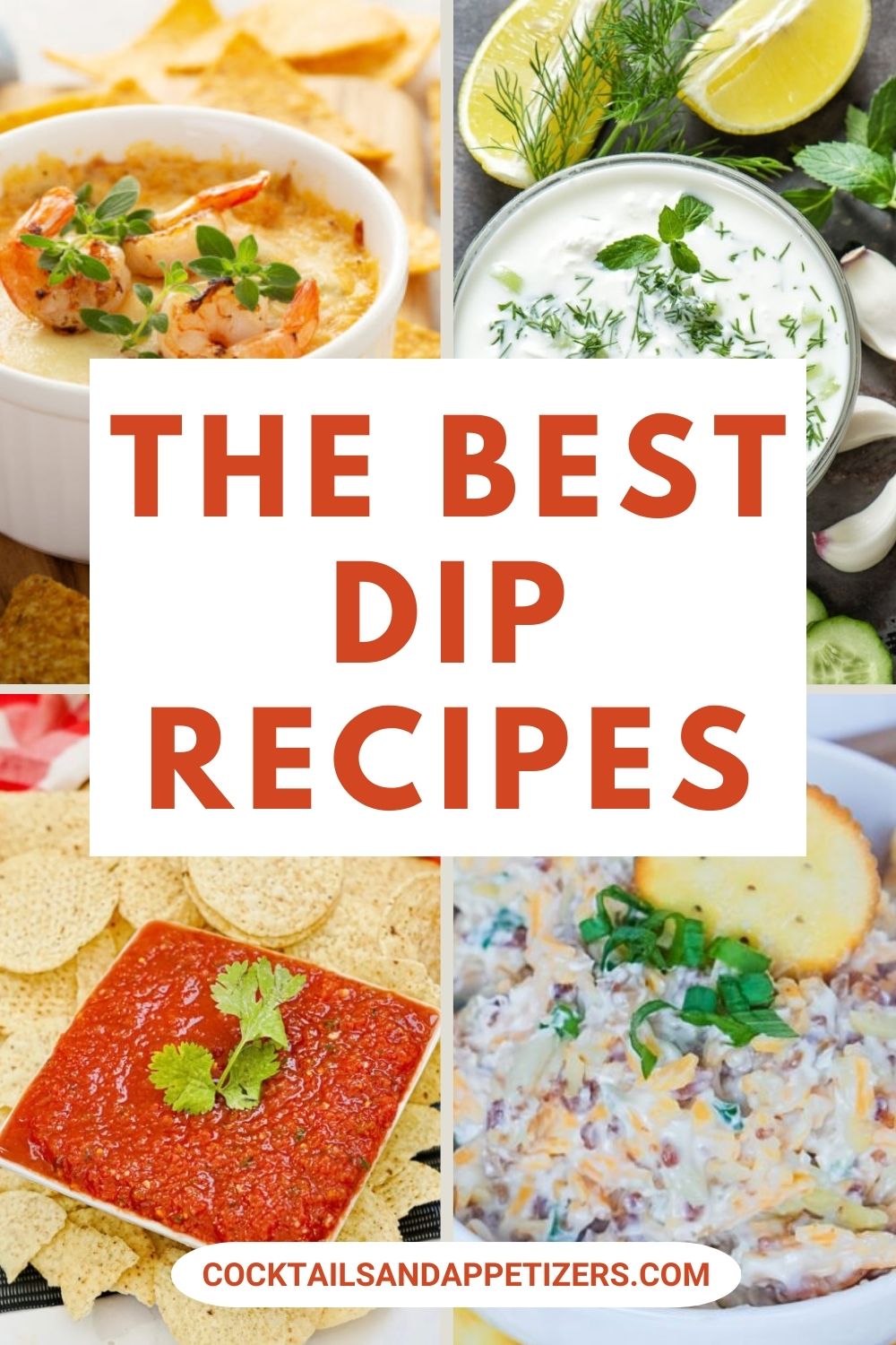 Different dips in serving bowl with text saying The Best Dip Recipes