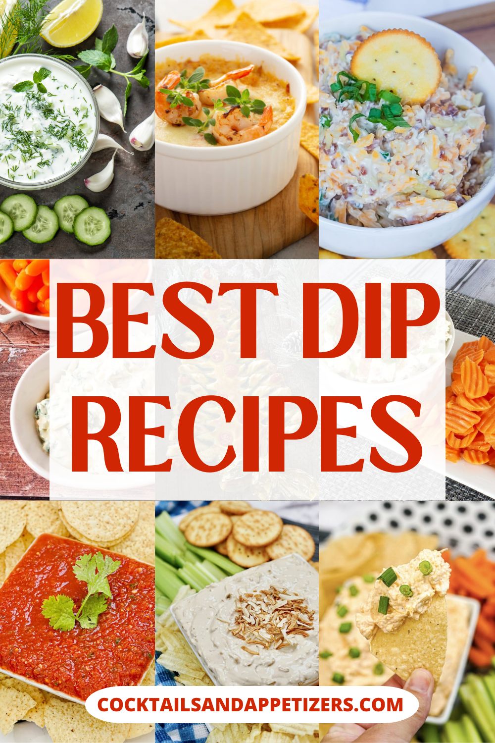 A variety of dips in serving bowl with crackers and vegetables with text reading Best Dip Recipes