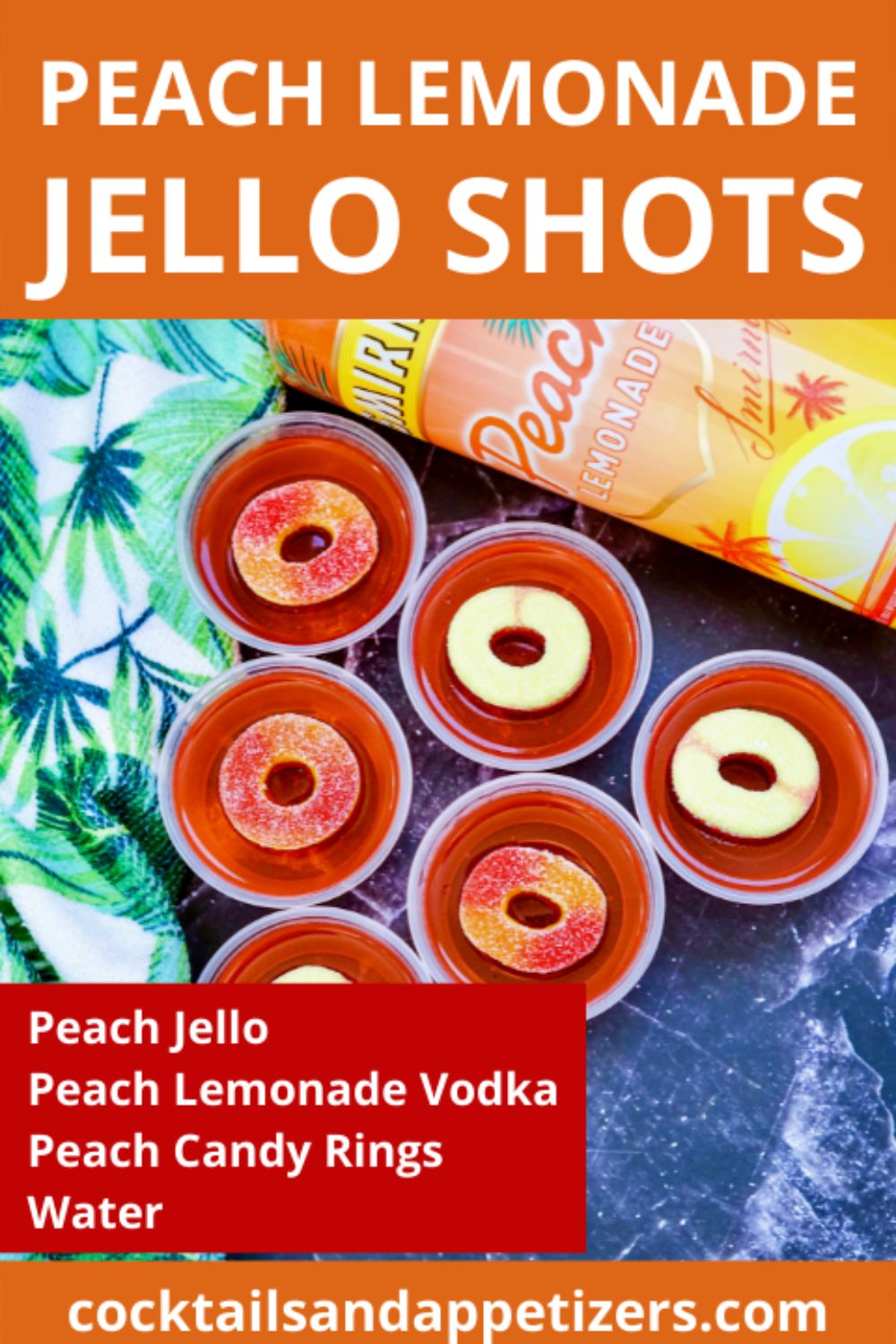 Smirnoff Peach Lemonade Jello Shots with peach ring garnish in shot cups.