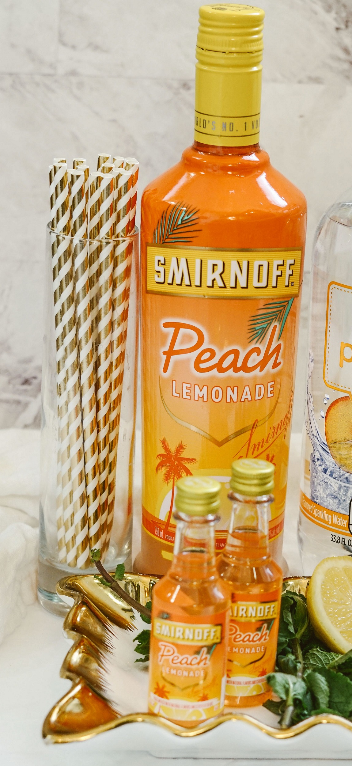 smirnoff peach lemonade vodka on a counter.