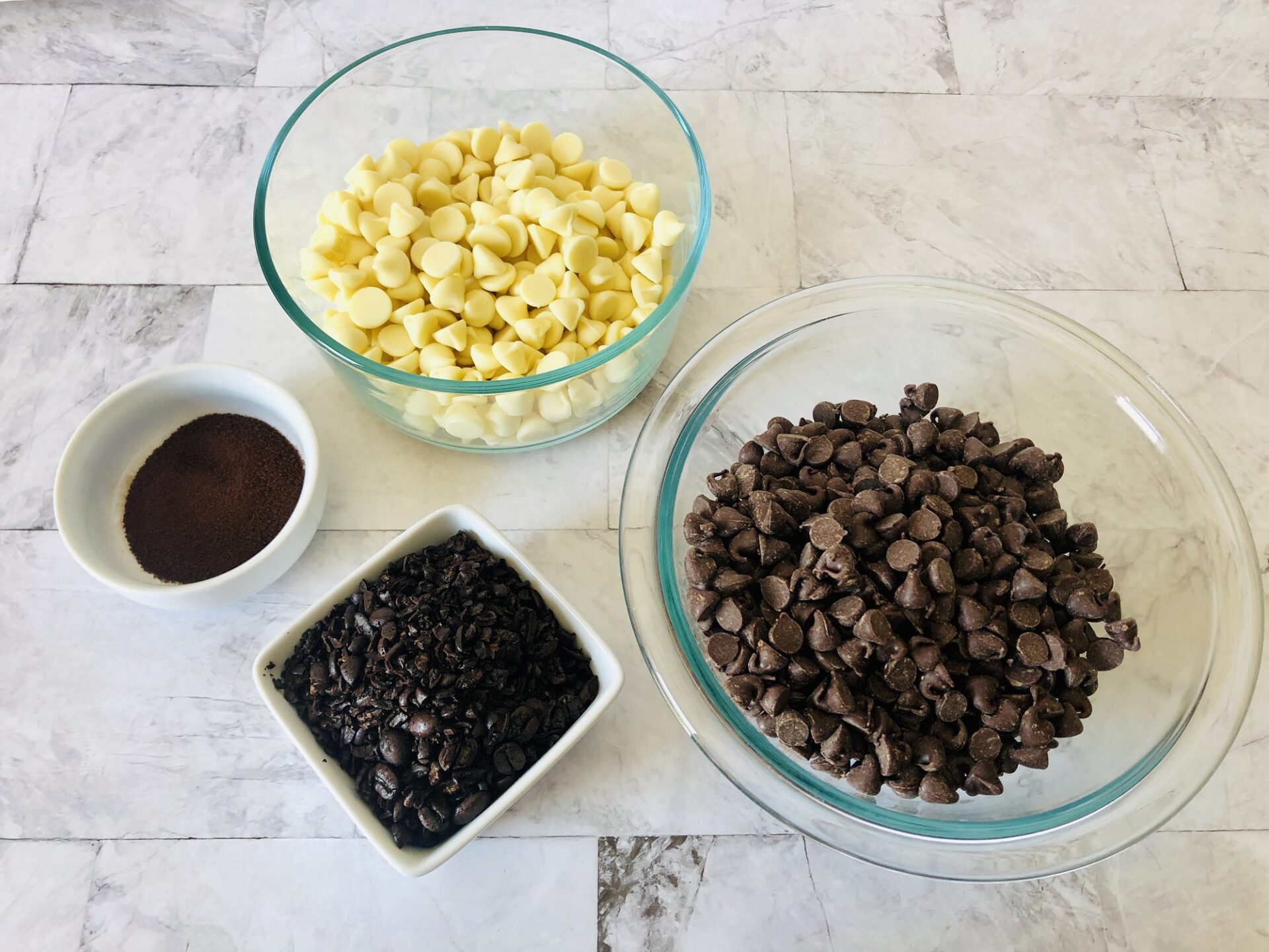 Ingredients for white chocolate bark on a counter.