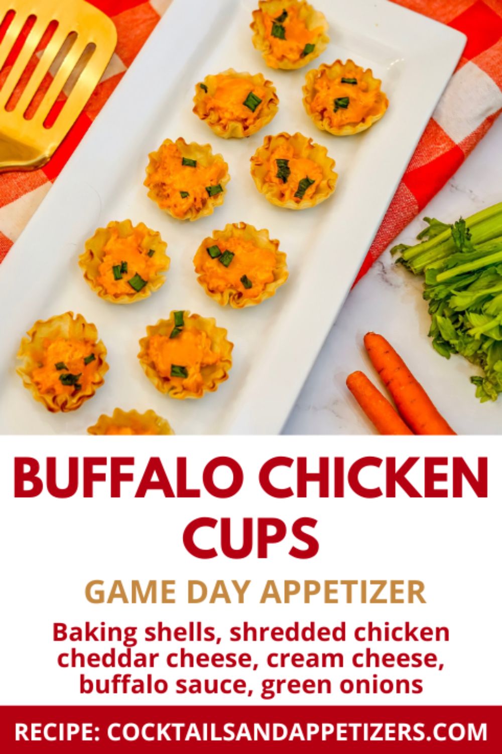 Buffalo Chicken Cups sit on a serving plate.