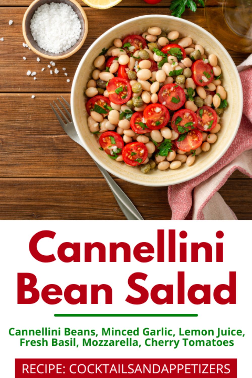 Cannellini Bean salad in a bowl on a wood table.