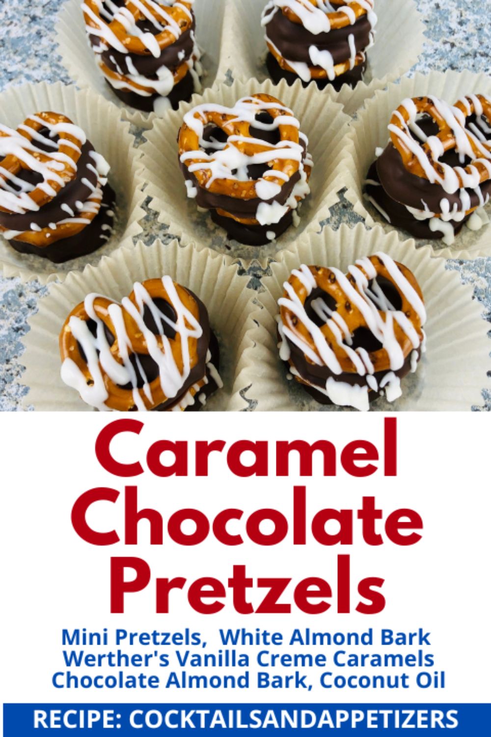 Caramel Chocolate Pretzels sit in paper baking cups.