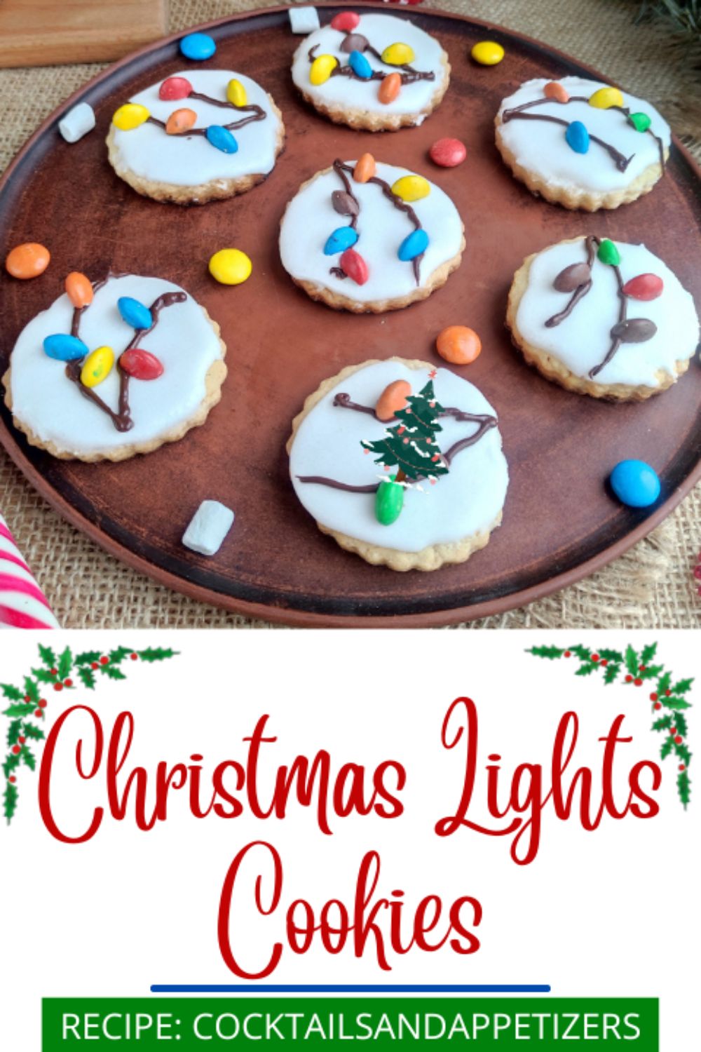 Christmas Lights cookies on a brown serving plate.