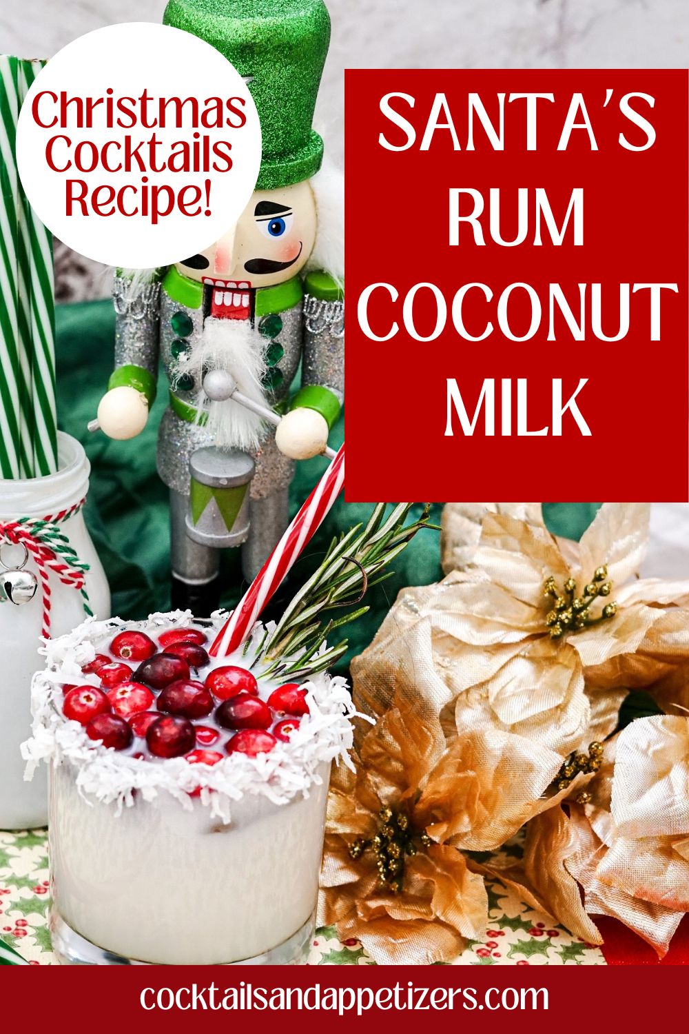 Rum Coconut Milk - Santa's cocktail with coconut rim and rosemary garnish sit on a tray with christmas decorations around it.