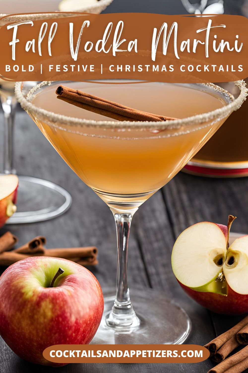 A cider martini in a martini glass with cinnamon stick.