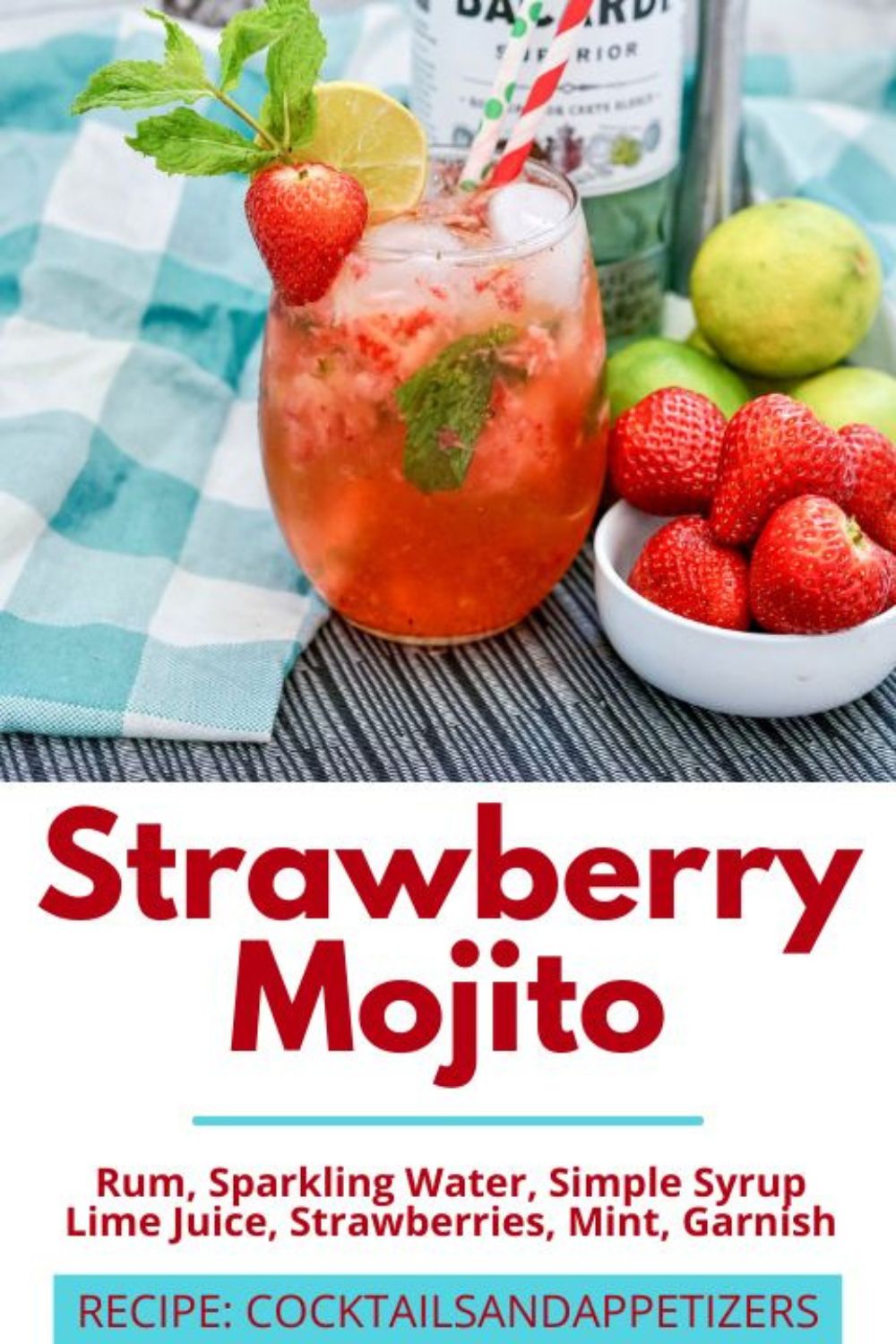 Strawberry Mojito cocktail drink in a glass with mint leaves and strawberry garnish.