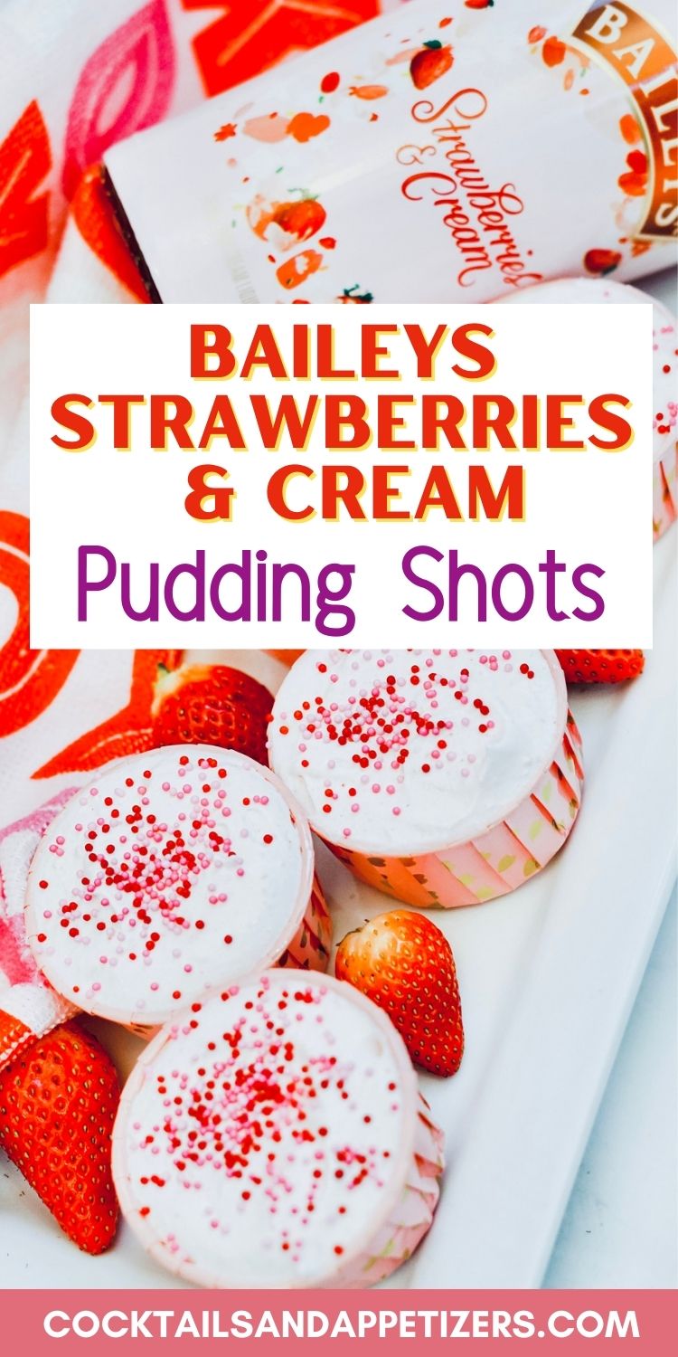 Baileys Strawberries and Cream Pudding Shots with sprinkles on a serving platter.