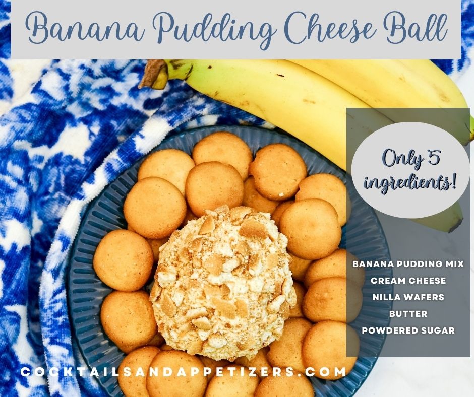 Banana Pudding Cream Cheese ball on a blue plate surrounded by Nilla Wafers for dipping.