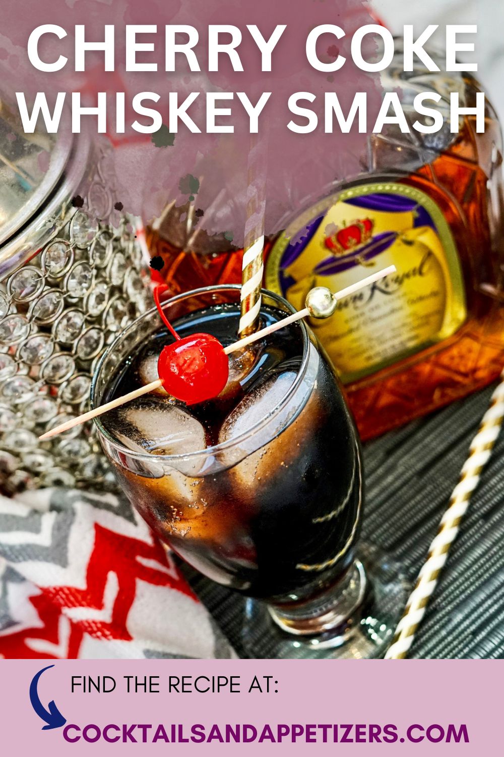 Cherry Coke Whiskey Smash in a glass with cherry garnish.