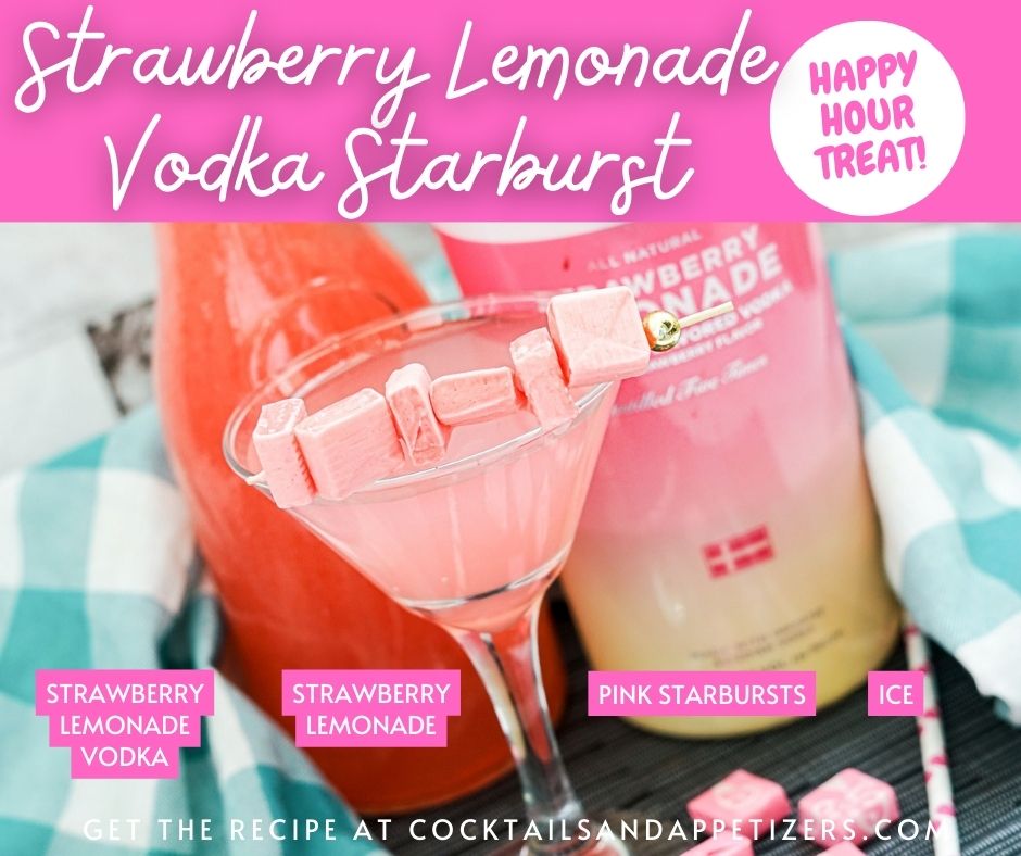 Pink Strawberry Lemonade Vodka cocktail with Starburst candy skewer.