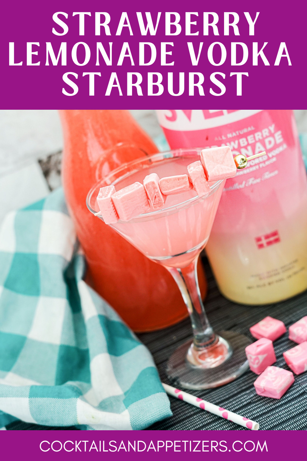 Strawberry Lemonade Vodka Starburst drink in a martini glass.