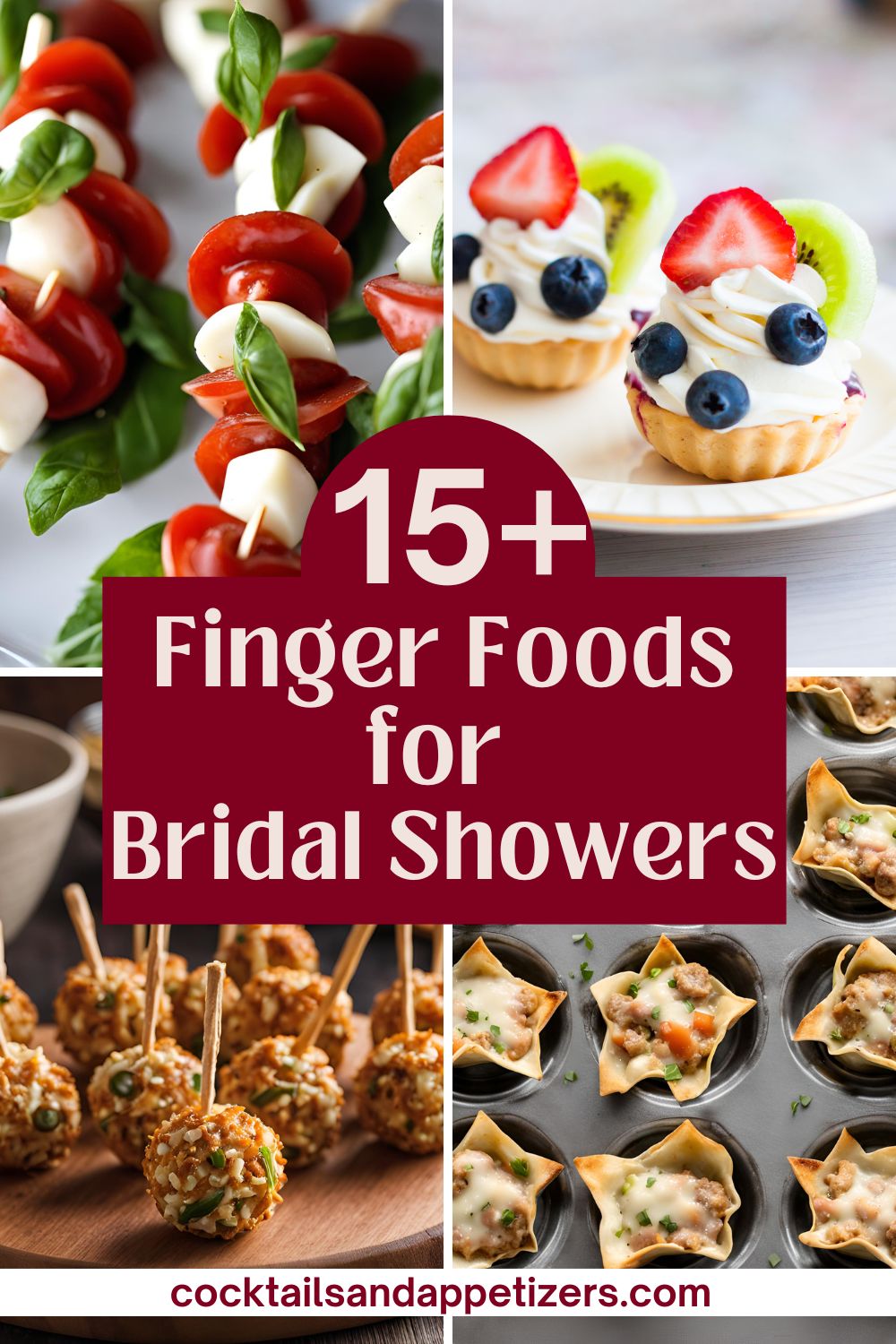 4 different appetizers sit on plates: fruit art, caprese skewers, sausage stars.