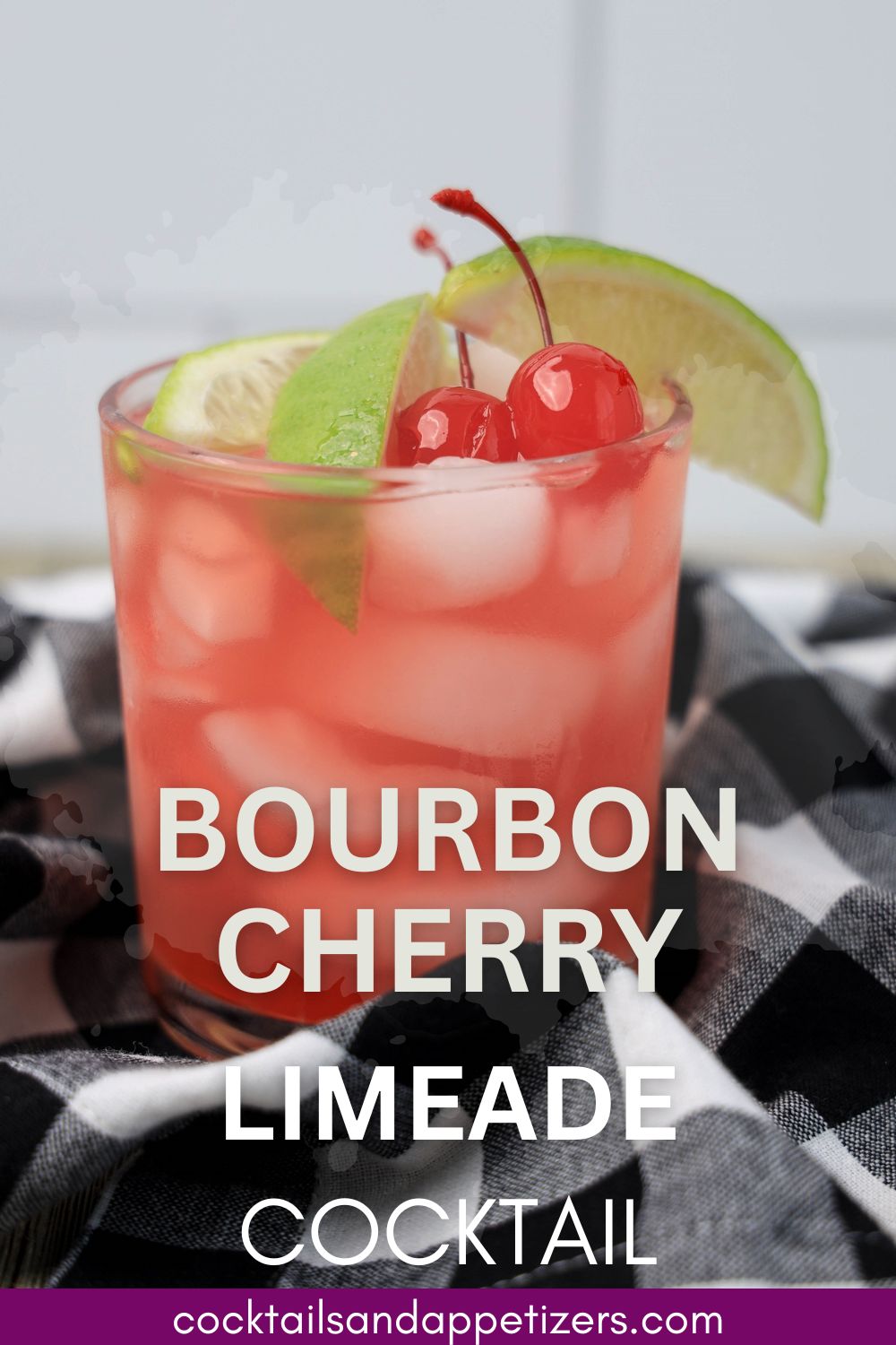 Bourbon Cherry Limeade drink in a highball glass with cherry garnish.