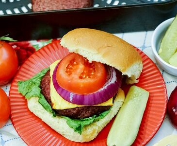 Air Fryer Hamburger Steak with cheese, onion and tomato