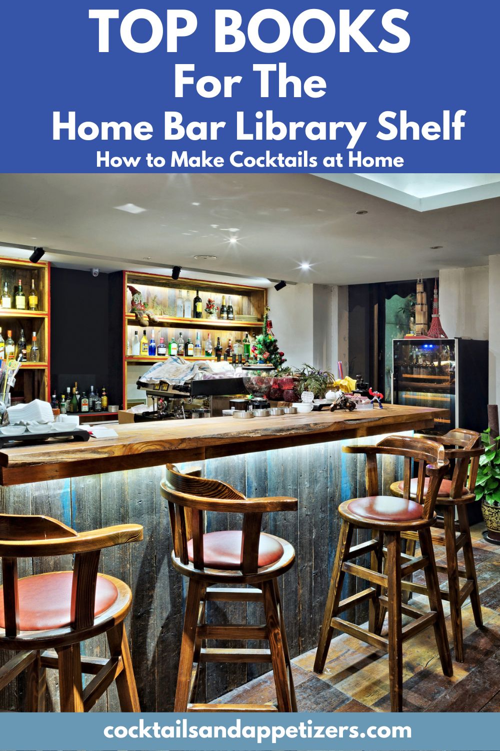 Home bar showing a shelf with the best cocktail books.