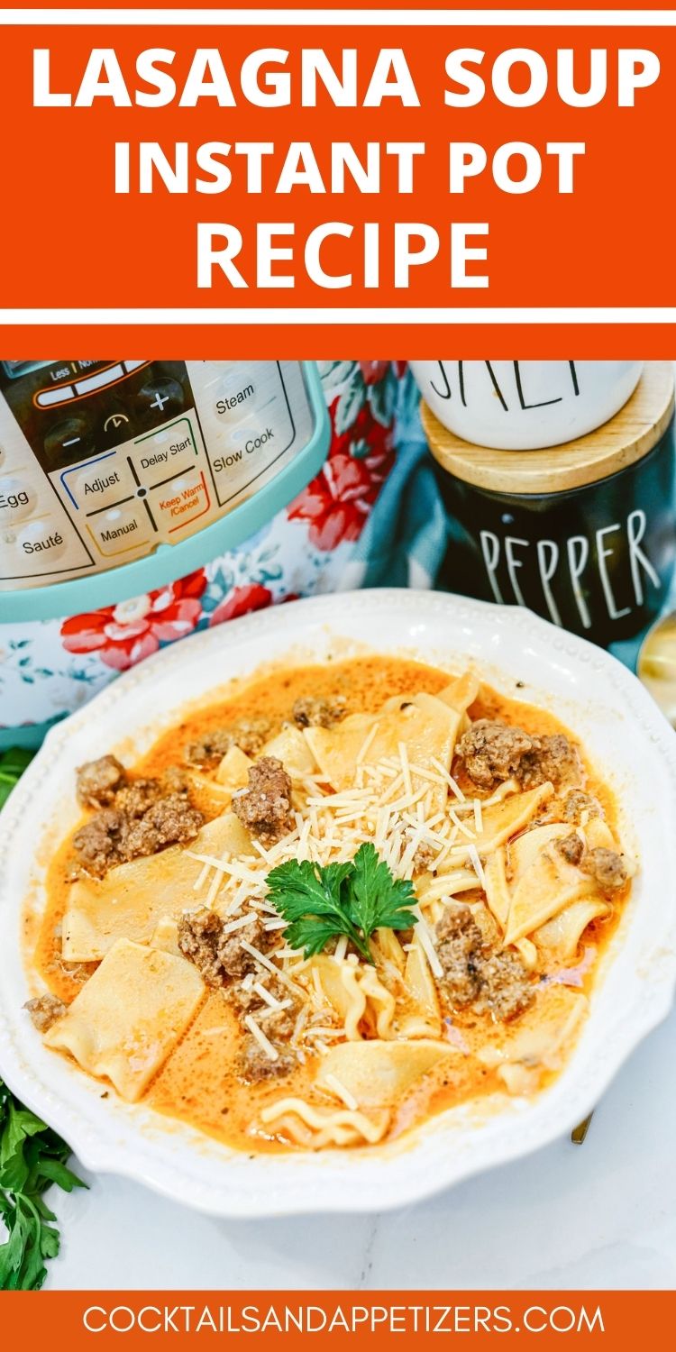 Instant Pot Lasagna soup in a bowl with instant pot behind it.