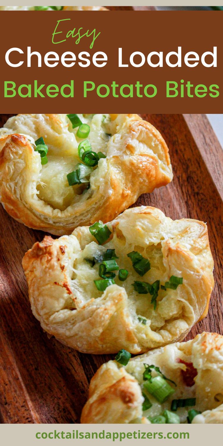 Cheese loaded potato bites in puff pastry served on a tray.