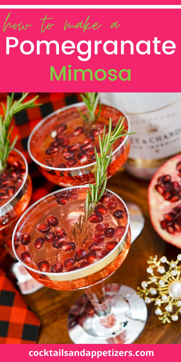 Pomegranate Mimosas on a tray with champagne bottle.