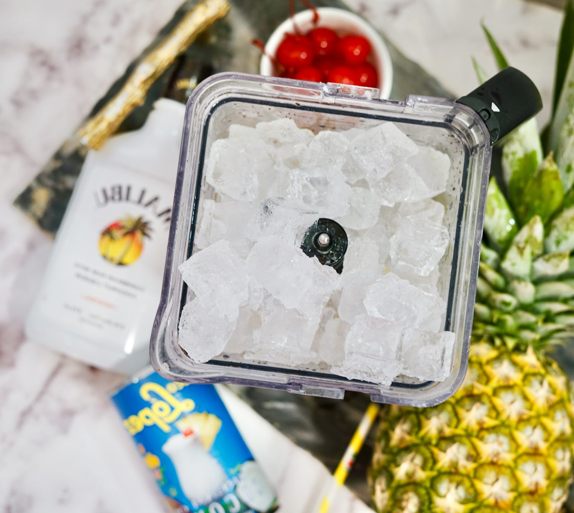 Overhead view of ice in a blender.