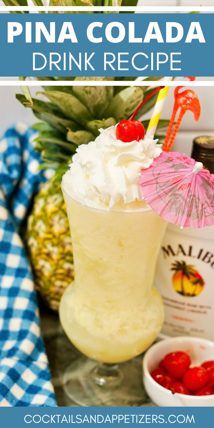 Frozen Pina Colada in a glass with whip cream and cherry garnish.