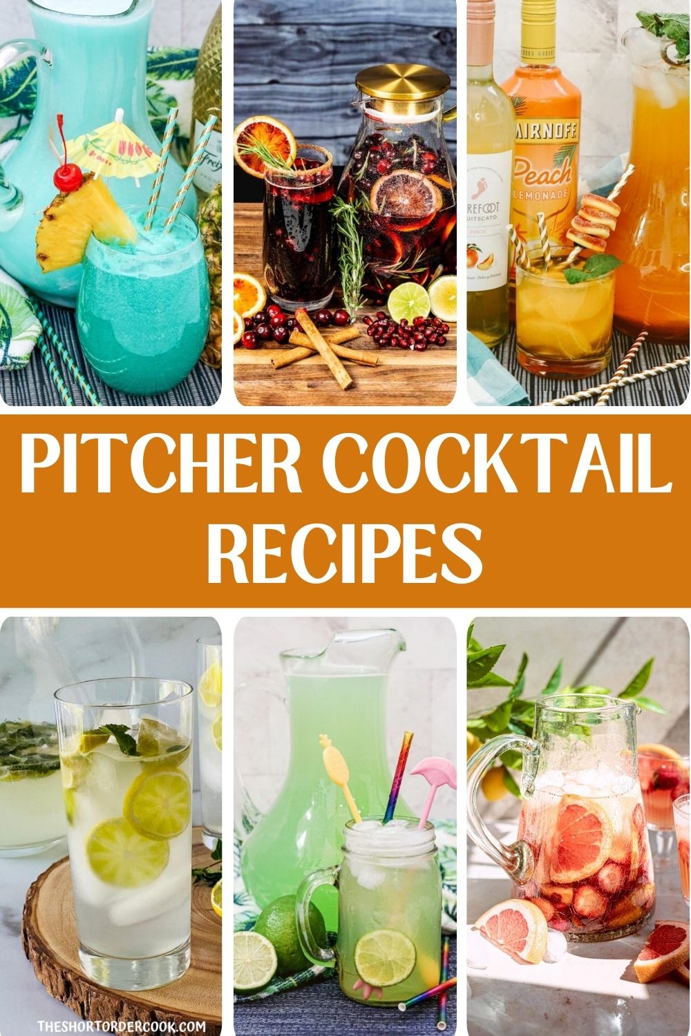 6 different cocktails in large pitchers sit on a table.