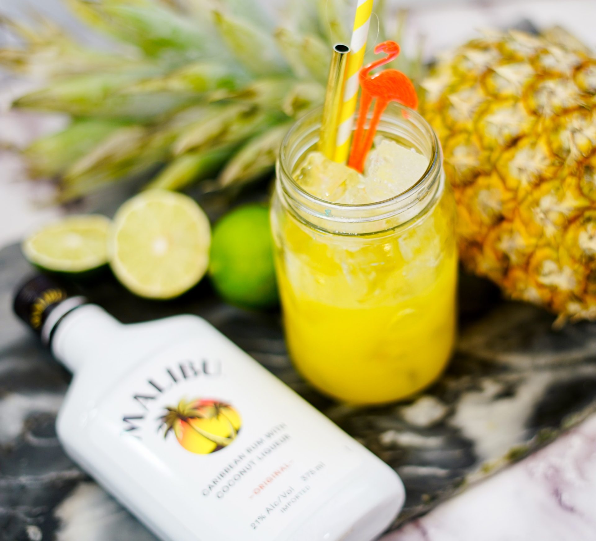 Malibu rum, Sprite and ice in a glass