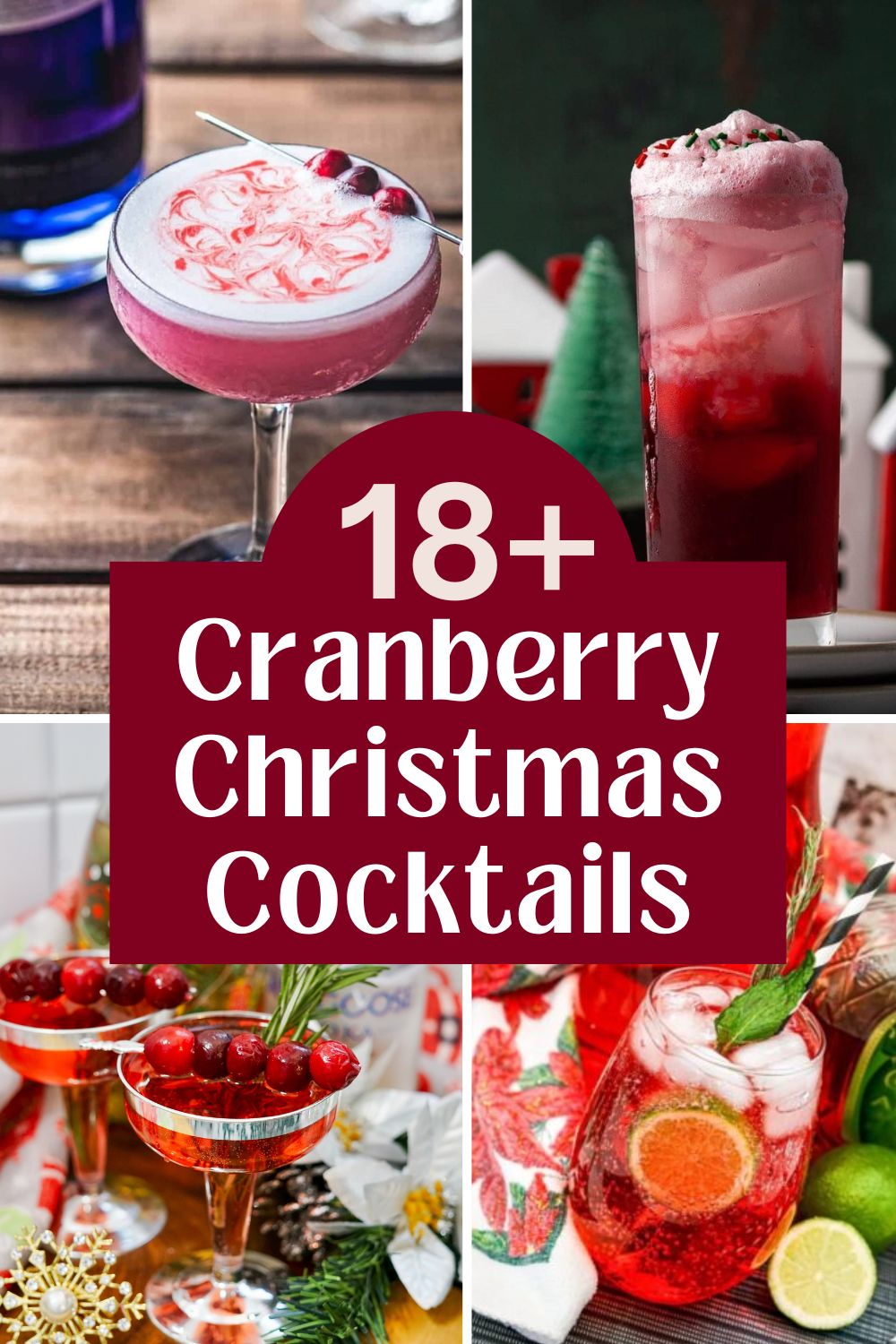 4 different cranberry Christmas drinks with text overlay saying 18+ Cranberry Christmas cocktails.