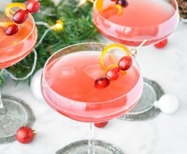 Cranberry Christmas cocktail in a martini glass with fresh cranberry garnish.