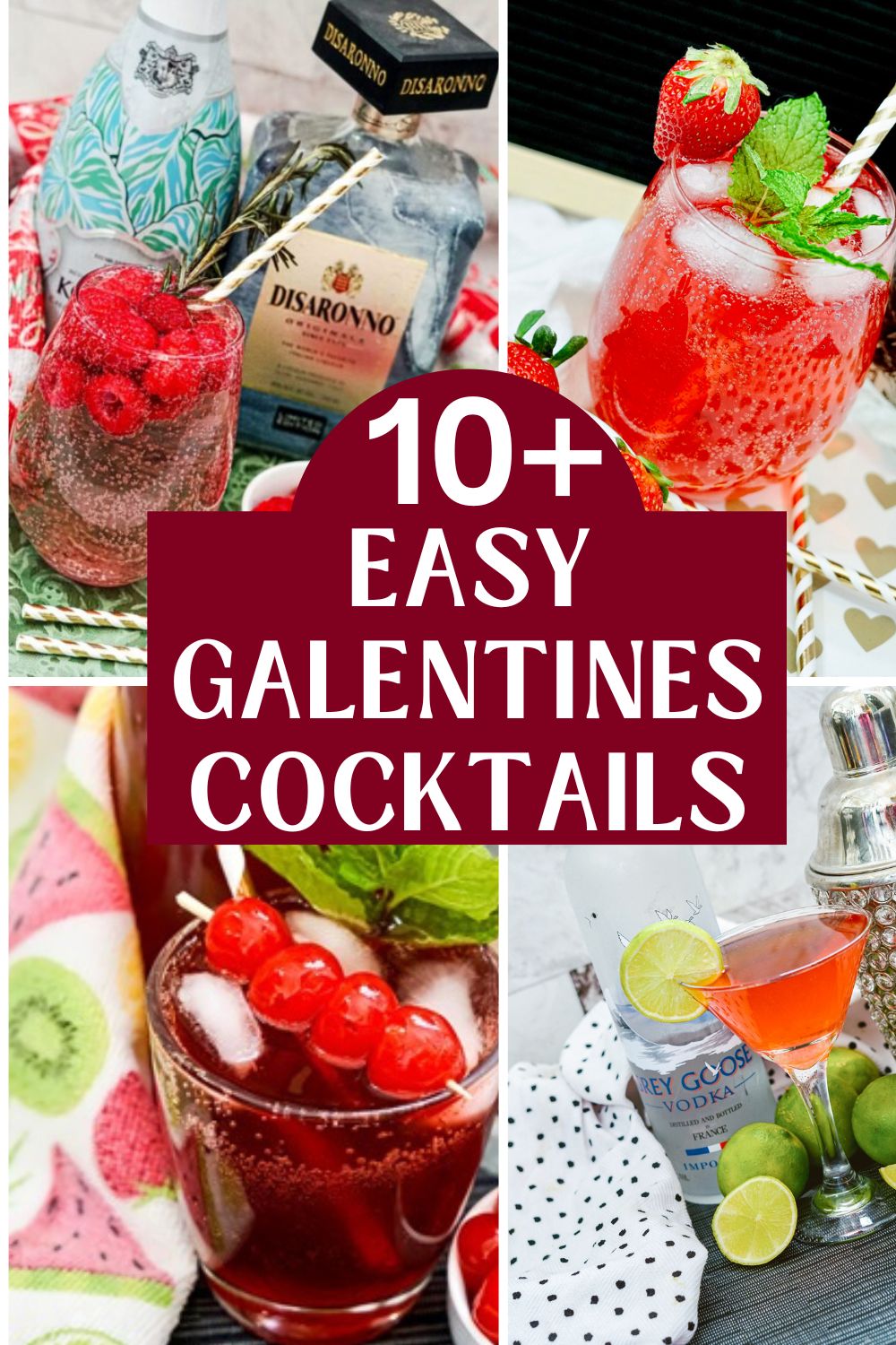 Galentine's cocktails on a table with text saying 10+ easy Galentine's cocktails.
