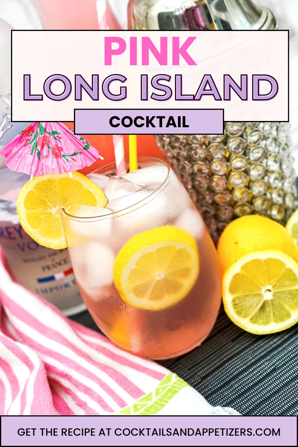 Pink Long Island cocktail over ice in a highball glass.